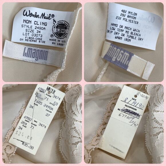 NWT Vintage 90s Wondermaid Non-Cling Beige Satin Lacy Full Slip Dress Size 34 - Picture 12 of 12